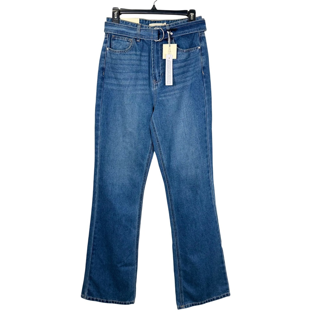 TGLA High Rise Flare Jeans Womens 26 Blue Medium Wash Belted Minimalist Everyday